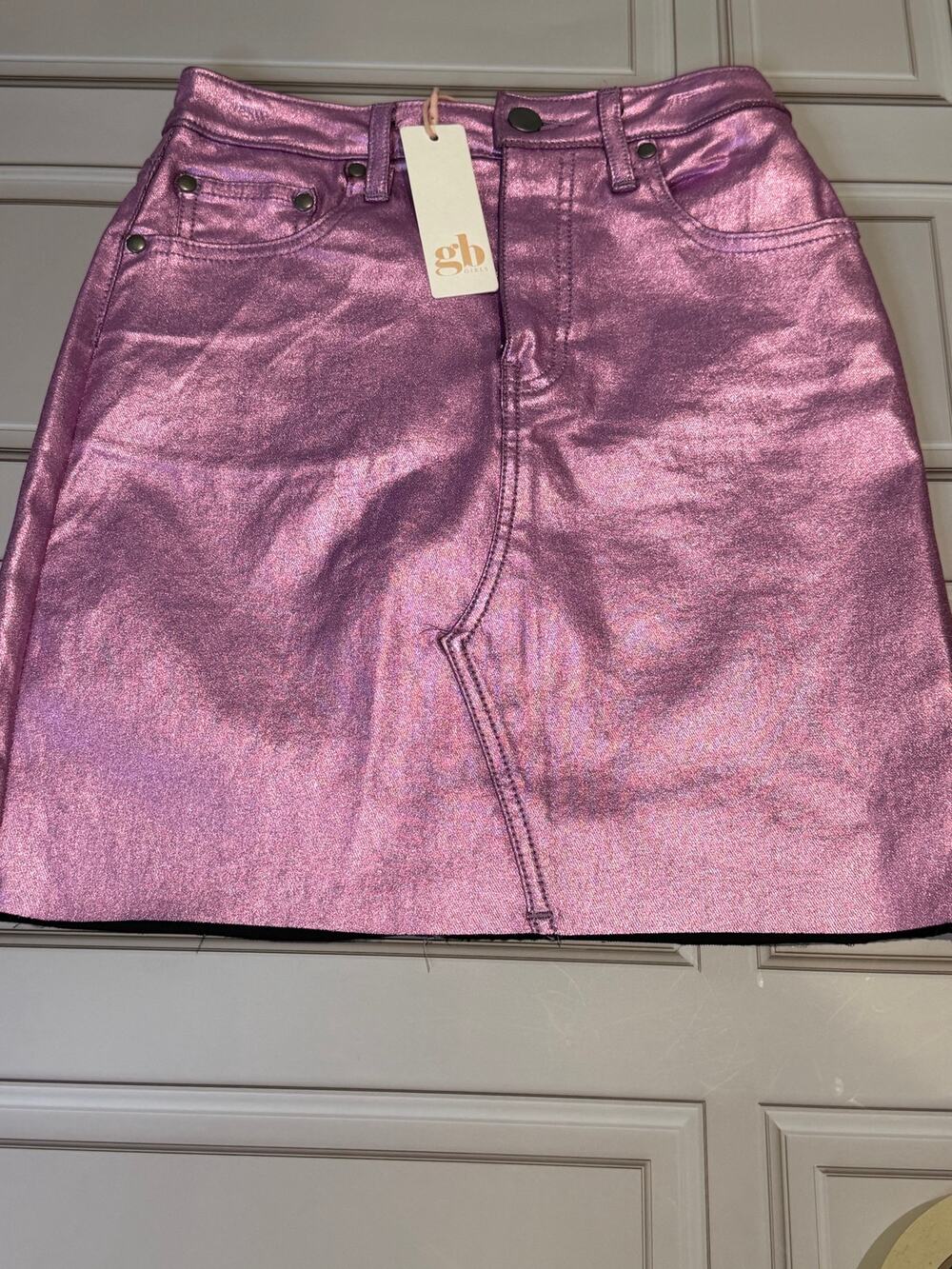 NWT GB Girls Metallic Lilac Denim Mini Skirt, Girls Size 12, Raw Hem, High Rise